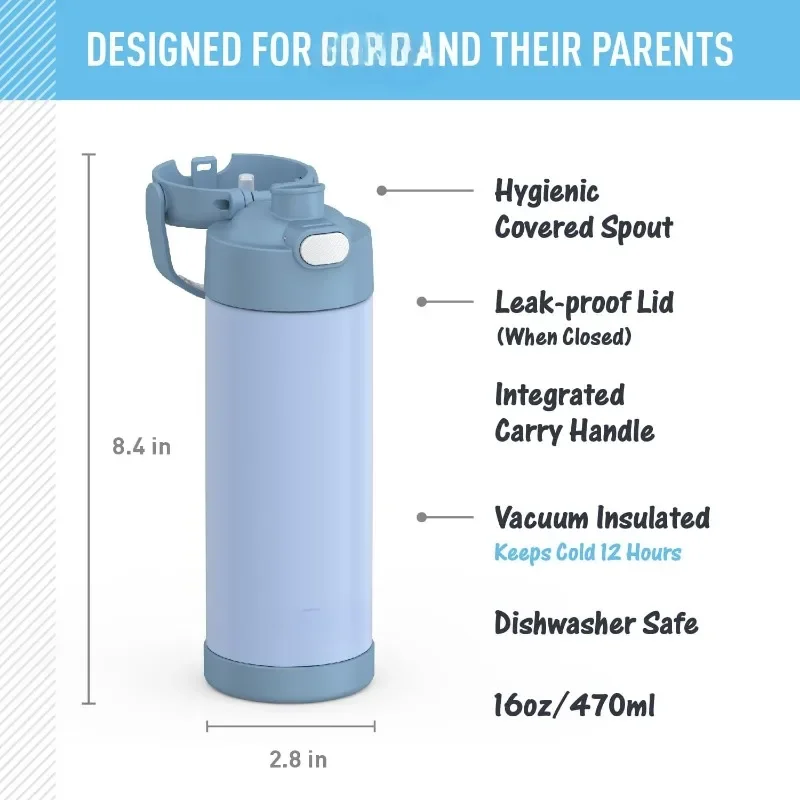 FUNTAINER-Garrafa Isolada a Vácuo com Tampa Larga do Bico, Azul Elétrico, Aço Inoxidável, 16 Onças
