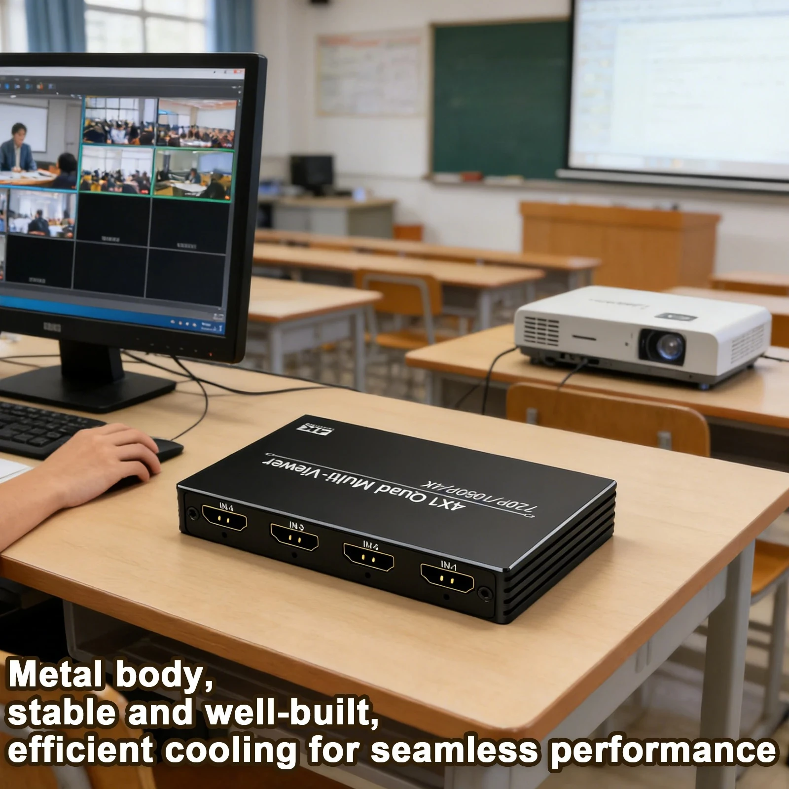 4 In 1 Out HD-Compatible Video Splitter 5V1A Multi Viewer Seamless Switcher for Office Meeting/Home/Conference Hall