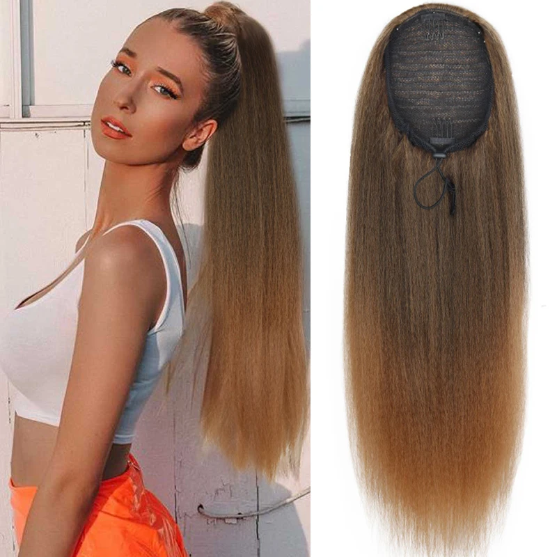 

AZQUEEN 22 34Inches Long Straight Afro Synthetic Ponytail Hair Kinky Straight Hair Drawstring With Clip Elastic Band Pony