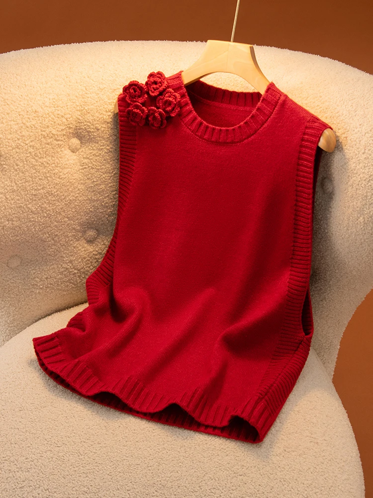 

Красный новогодний вязаный жилет из чистой шерсти для женщин, осенне-зимний, с вышивкой, круглым вырезом, для многослойных образов, теплый, повседневный