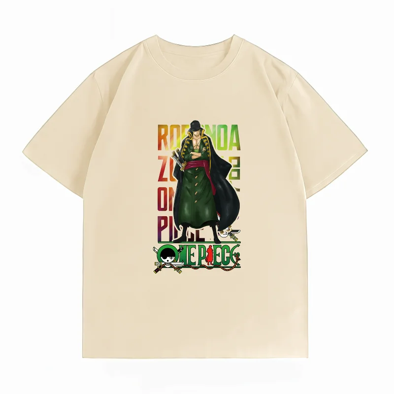 Bandai One Piece Roronoa Zoro Cape Print T-shirt Casual Short Sleeve Cotton Anime Streetwear Men's T-shirt