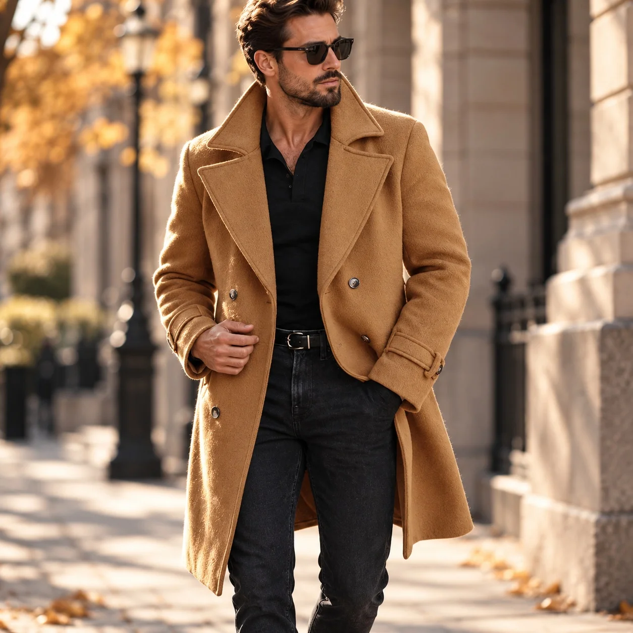 No Belt Patchwork Belt Regular Fit European and American Style Double Breasted Thickened Notched Lapel Autumn Daily for Men