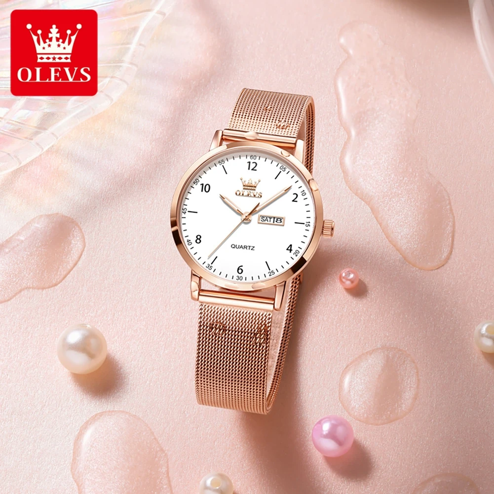 OLEVS Watches for Women Mesh Steel Strap Fashion Digital Dial Quartz Wristwatches Date Week Waterproof Elegant Ladies Watch 2996