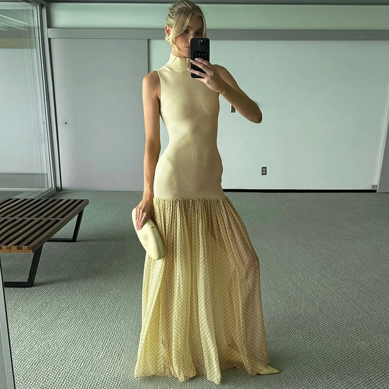 

Tornova Fashion Polka Dot Maxi Dress Female Turtleneck Sleeveless Women's Summer Dress Fashion Splice High Waist Vacation Cloth