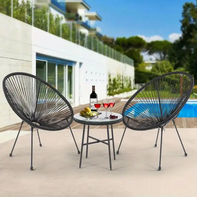 3-Piece Patio Bistro Conversation Set - All-Weather PE Rattan Chair Set with Flexible Rope Furniture, Coffee Table, and Side Tab