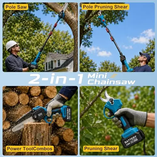 Full-size 6-Inch 4-in-1 Cordless Pole Saw & Mini Chainsaw, 21V Brushless Electric Tree Trimmer with 15FT Reach, Includes 2