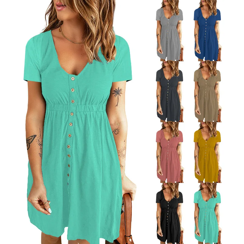 2026 New European and American Spring/Summer Solid Color Mid-Length Dress, Sexy V-Neck Waist-Cinching Short Sleeve Dress