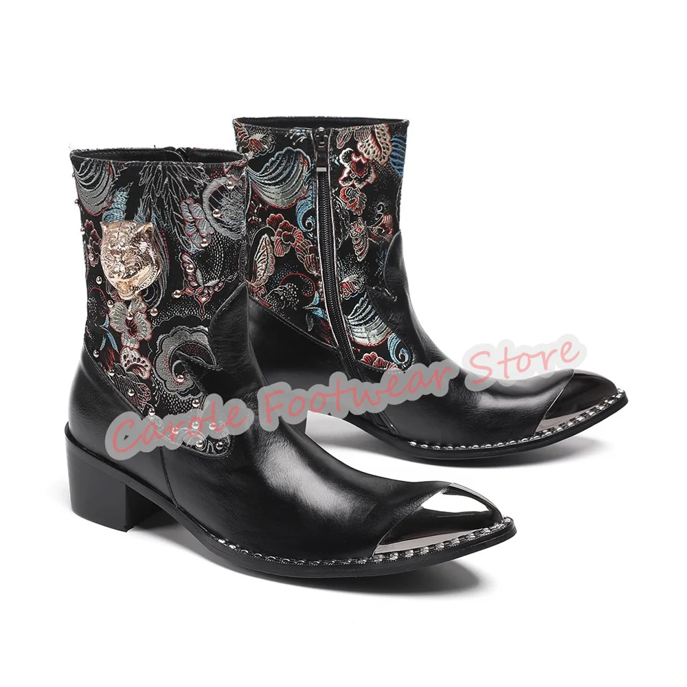 Luxury Embroidery Genuine Leather Male Chelsea Boots Metal Round Toe Rivet Decor Chunky Heel Boots Men's Business Dress Shoes