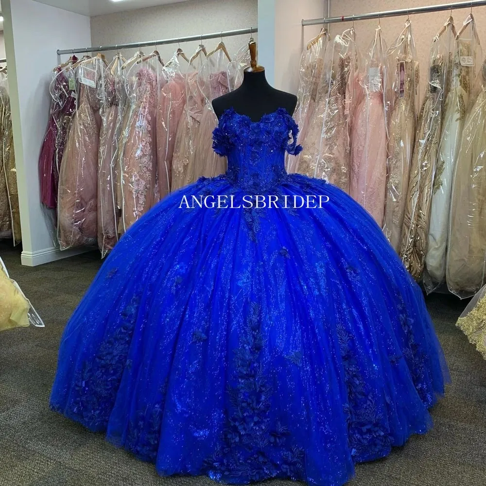 Angelsbridep-Vestido De fiesta con flores 3D para quinceañera, traje De fiesta De cumpleaños De 15 años, color azul real, 2023