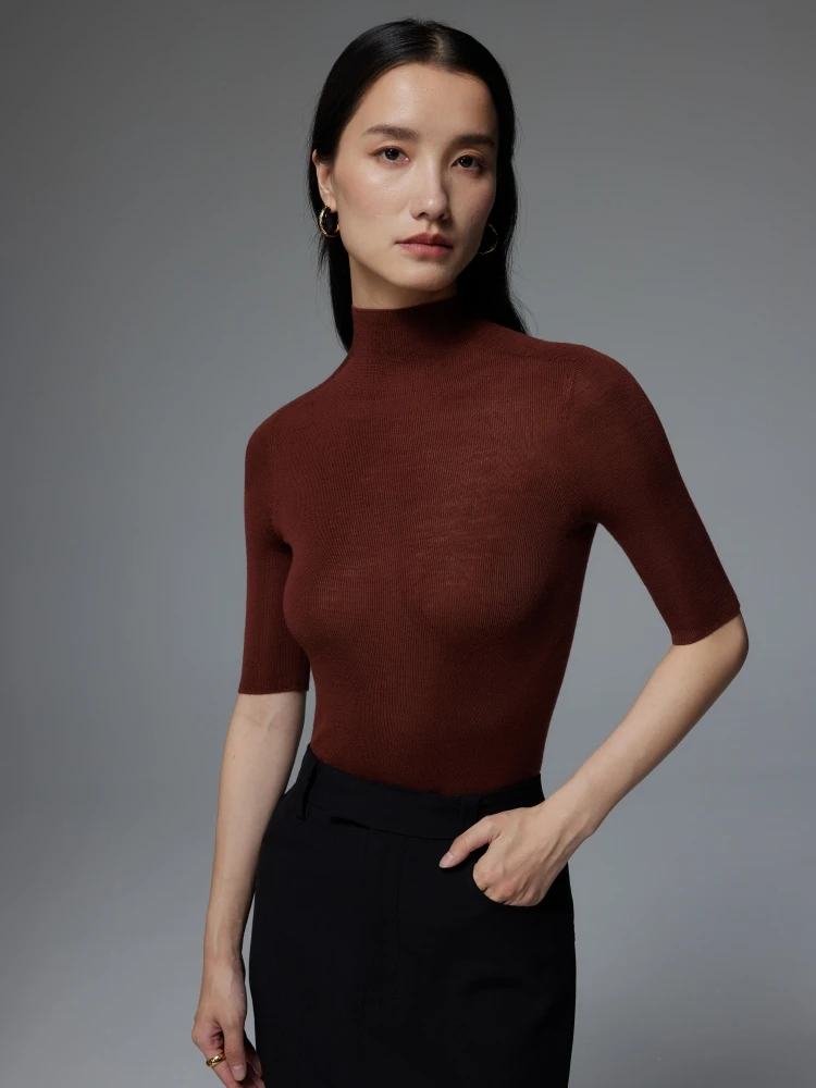 

Skin-friendly Fine Merino Wool 20S Thin Sweater Sl One-piece f-high Collar Lightweight Knitted Top for Women