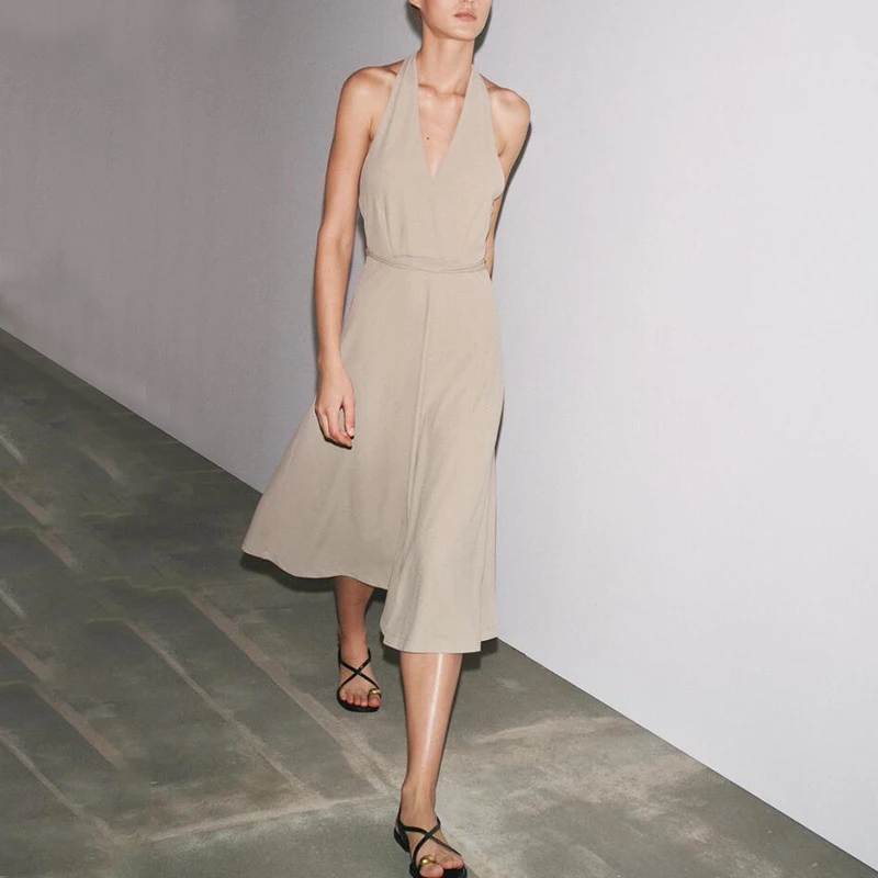 2025年夏 レディーススタイル ストラップレス ネックハンギングドレス ノースリーブ ポリエステル繊維00% シングルピース ヨーロッパスタイルドレス