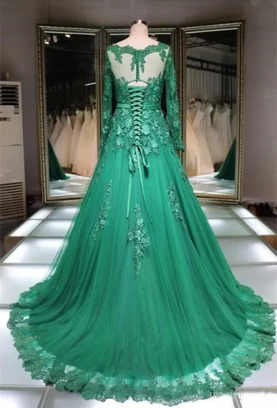 Maßgeschneiderte arabische muslimische Abendkleider, Spitzenapplikation, grün, lange Ärmel, Schnürung, formelle Anlässe, Abschlussballkleid, Damen-Partykleider