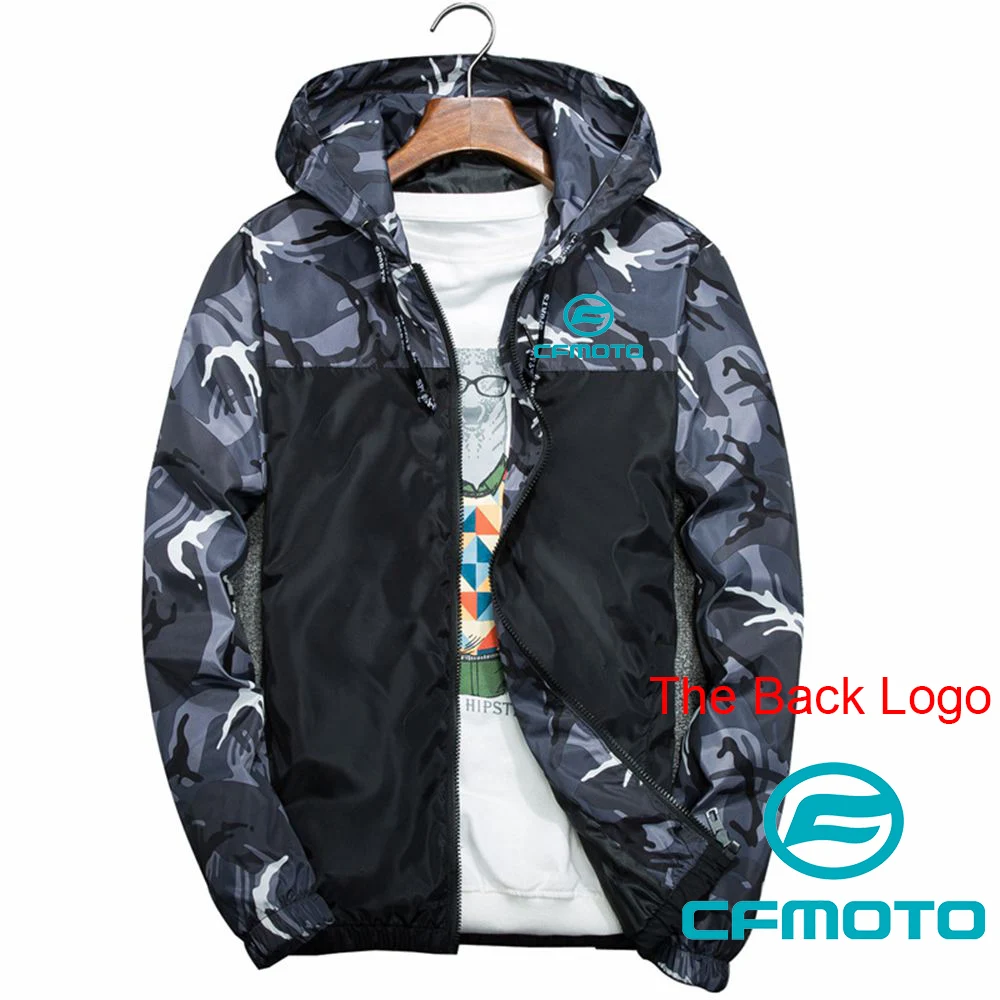 2025 春と秋のメンズ CFmoto ロゴプリントスリム迷彩ジャケット防風防水フード付きコートアウトドアスポーツパーカー