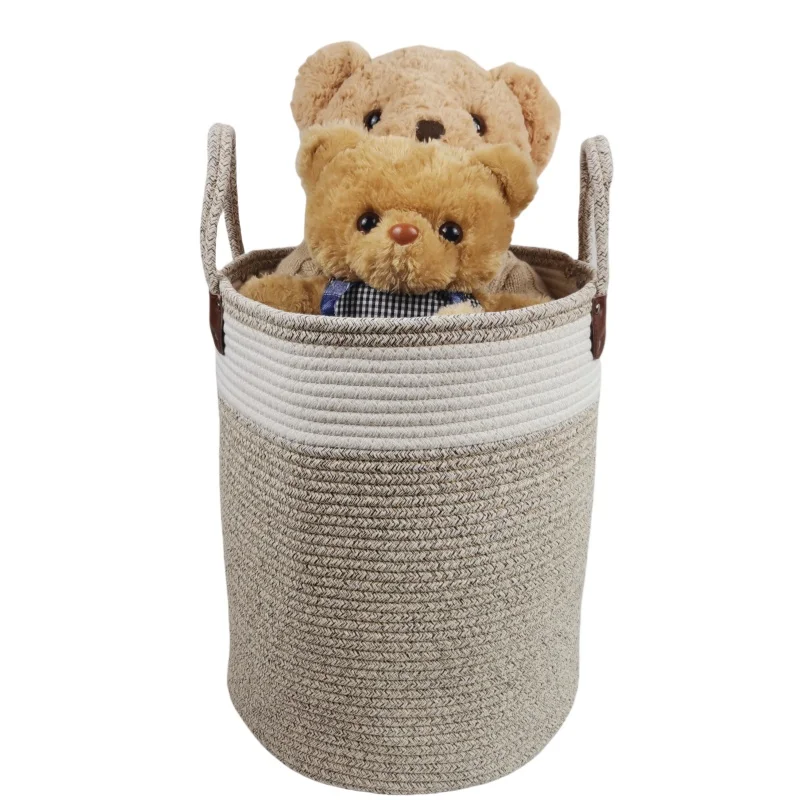 

Large 13.8 x 16.5 Inches Decorative Woven Cotton Rope Tall Laundry Basket Hampe Brown with Leather handles