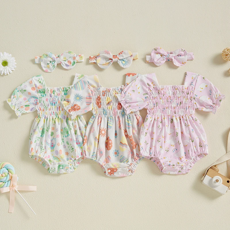 Baby Girls Cute Summer Romper Animal Floral Print Short Sleeve Square Neck Smocked Bodysuits Jumpsuit with Bow Headband