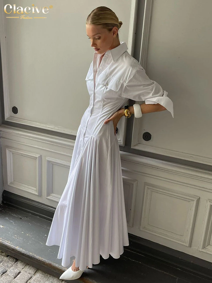 Clacive Fashion Loose White Cotton Dress Lady Casual Lapel Long Sleeve Ankle Length Dress Elegant Classic Dresses For Women 2025