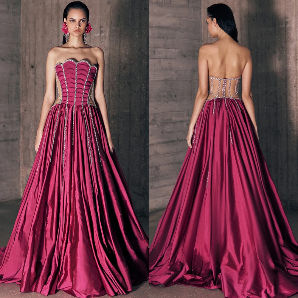 Satin Draped Beading Engagement Ball Gown Strapless Bespoke Occasion  Long Dresses