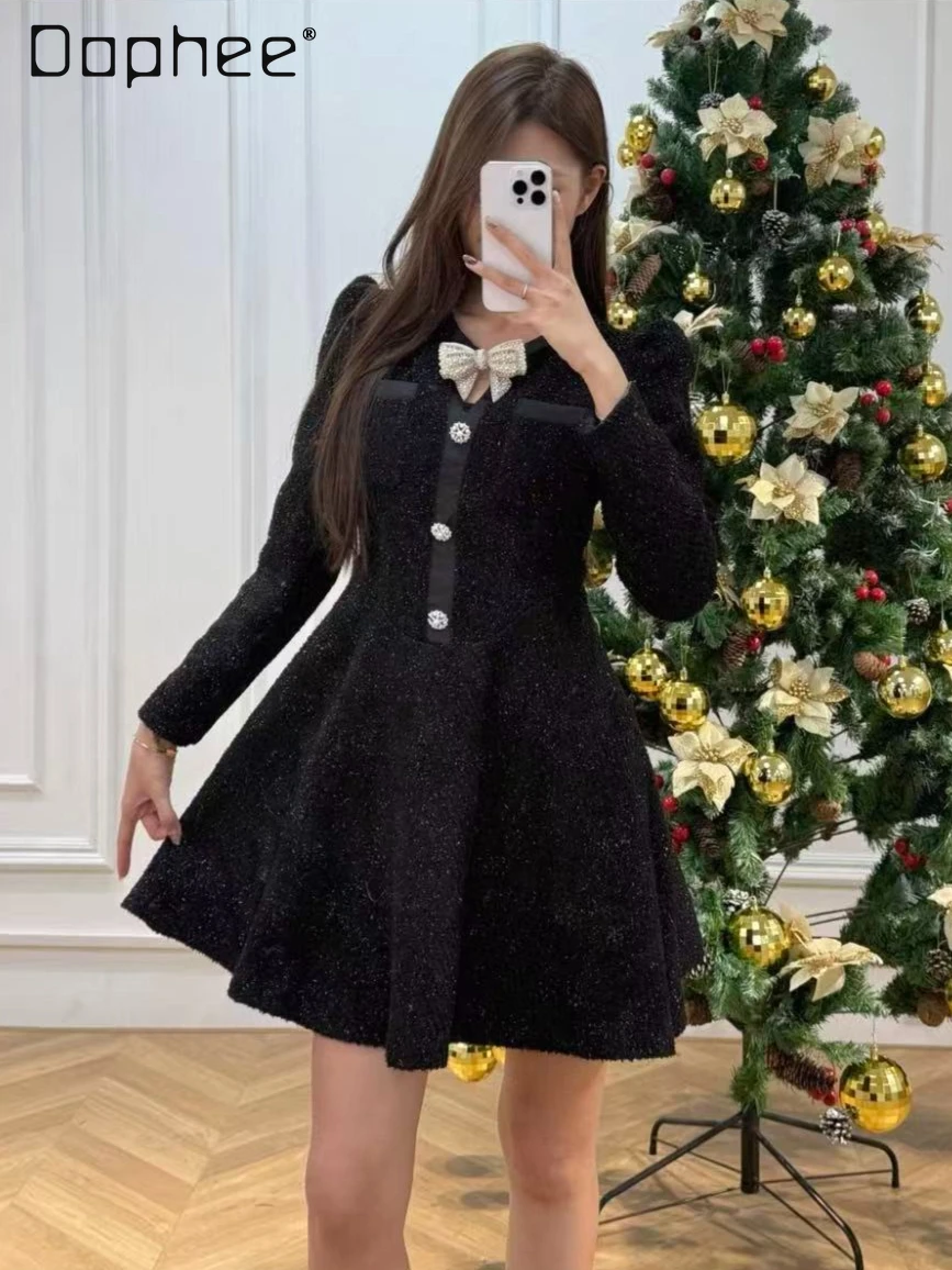 

French Style Socialite Tweed Dress Evening Dresses High-end Beaded Bow Round Neck Single-breasted Slim A-line Dress for Women