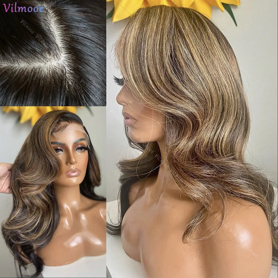 

#4/27 Body Wave Glueless Silk Base Lace Front Wig Human Hair Highlight Brown Honey Blonde Wigs Mix Color Transparent Pre-Plucked