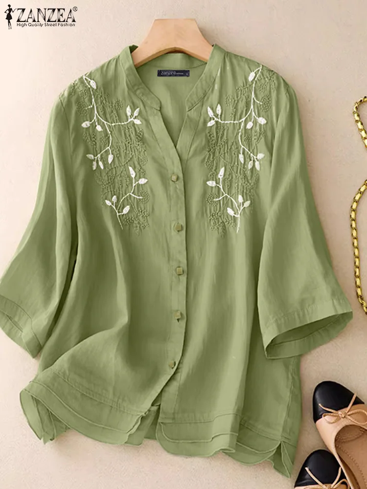 

ZANZEA V Neck Casual Shirts 3/4 Sleeve Women Vintage Everyday Wear Chemise Femme Button Up Floral Embroidery 2025 Spring Blouses