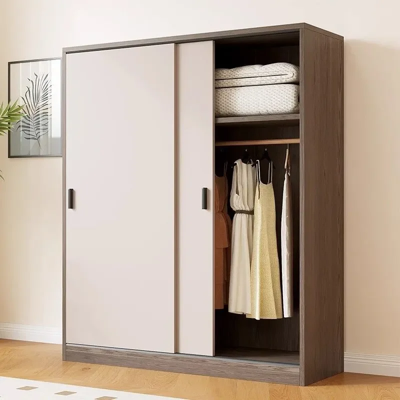 Modern Simple Sliding Door Wardrobe Two Tone Splicing Large Capacity Bedroom Storage Cabinet with Partition for Small