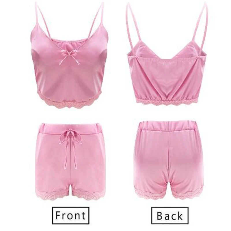 Women Body Figure Pajamas Set Plus Size Solid Color Sleepsuit Spaghetti Strap Lace Satin Home Clothes 2 Piece Sleepwear Homewear