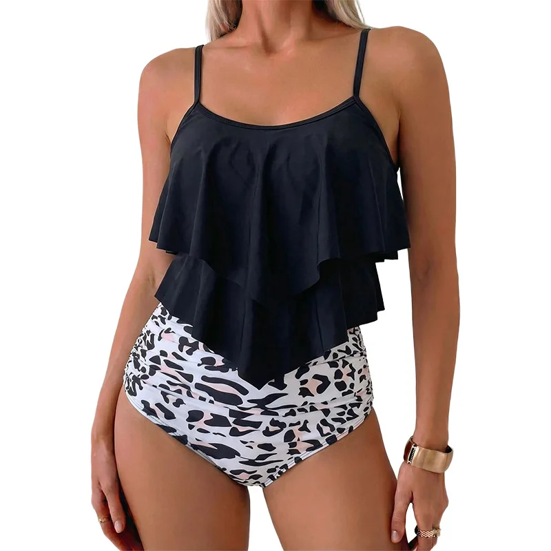 2026 New European Style Ruffled High Waist Tummy Control Slim Two Piece Bikini Swimwear For Women view 3