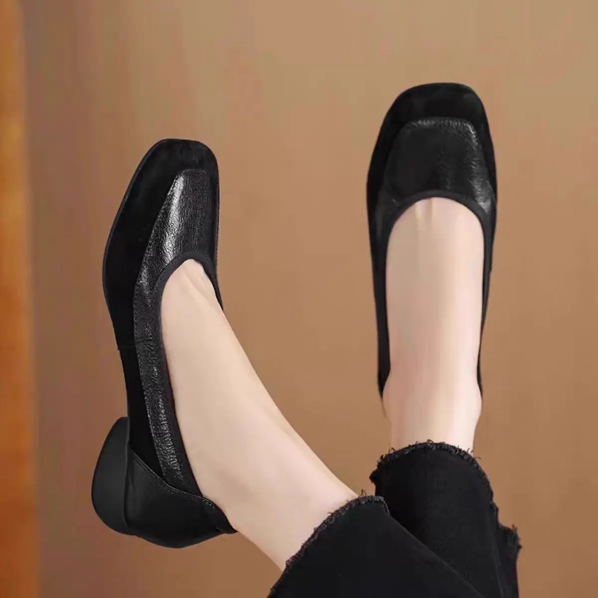 

Square toe black patchwork leather flats designer women's Round heels shallow loafers comfy mom's slip-on moccasins