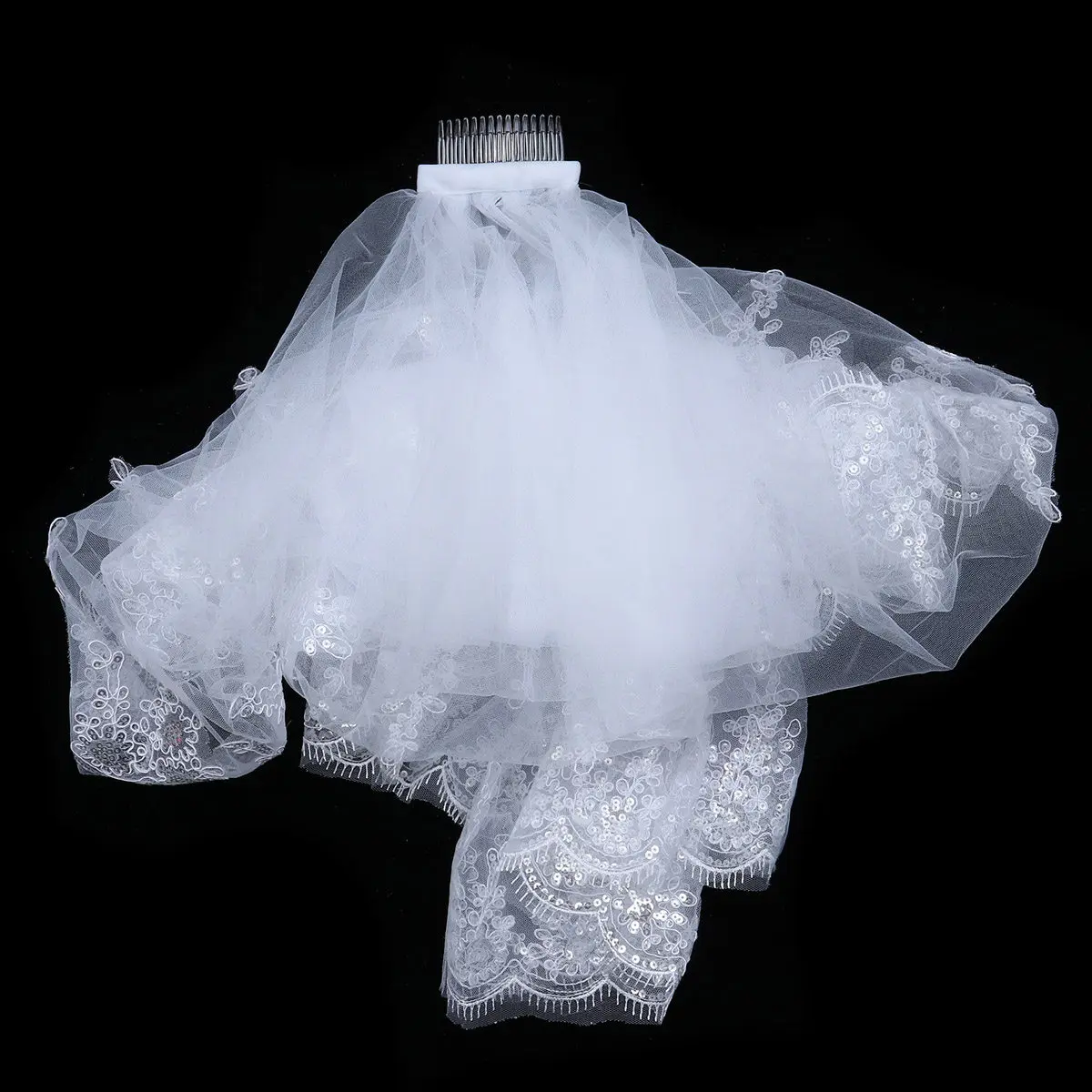 Bridal Wedding Veil Double Layer Sparkling Sequin Lace Comb Elegant Hair Accessory for Brides