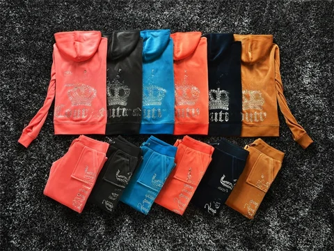 Golden Velvet Crown Hot Diamond Letter Hoodie Long Sleeve Sweatshirt Long Pants Casual Sports Two Piece Set for Women