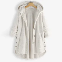 Women Plush Hooded Coat Autumn Winter Warm Button Teddy Jackets Casual Long Sleeve Solid Color Loose Fleece Outwear Coats