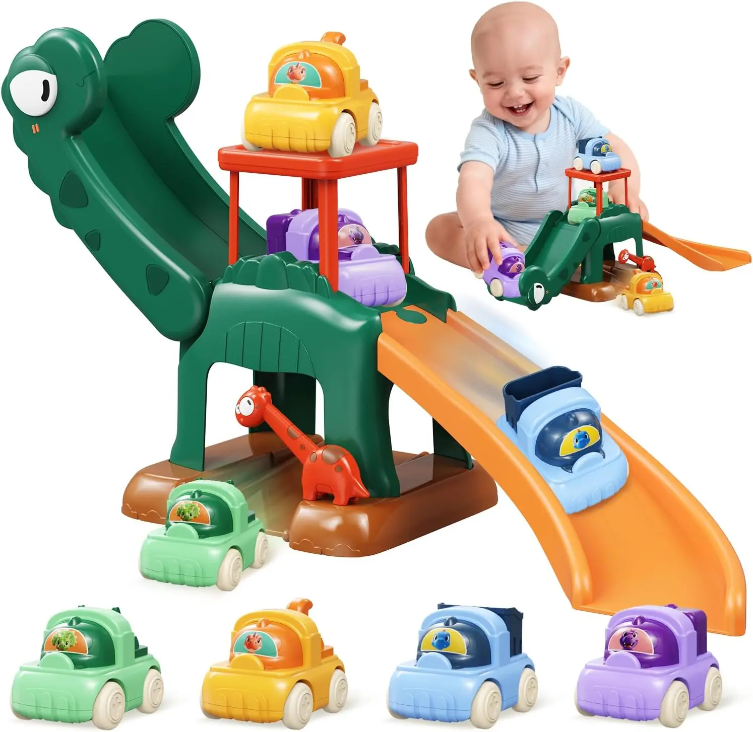 Dinosaur Slide Racing Car Montessori Toy Parking Platform Car Ramp Race Track Push Cars Educational Toys For Children Gift