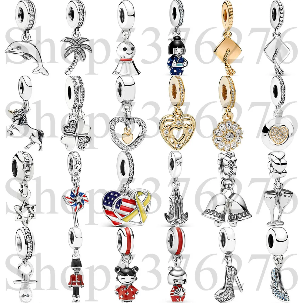 

925 Sterling Silver Bead Stiletto Slipper Graduation Cap Dolphin Dangle Charm Fit Fashion Women Bracelet Bangle Gift DIY Jewelry