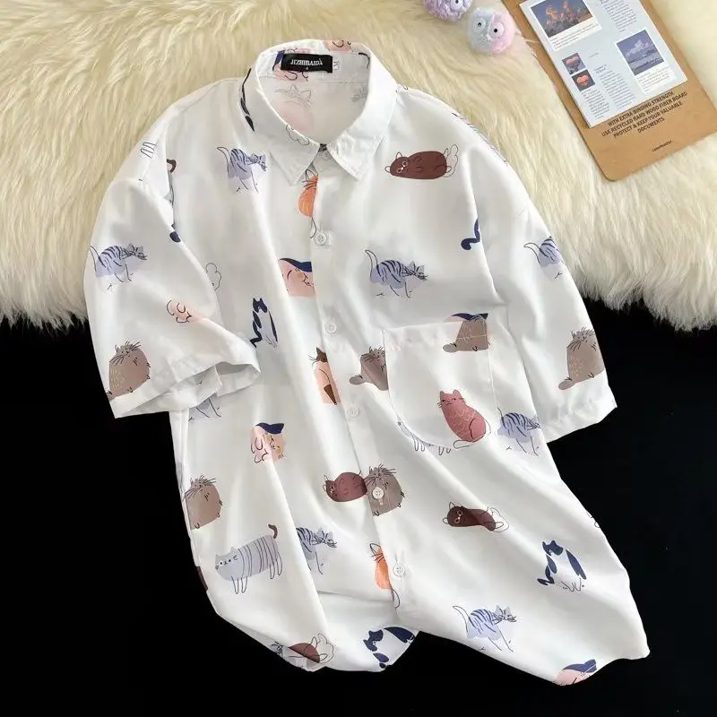 Summer Hong Kong style short-sleeved Korean style trendy student printed shirt Japanese loose shirt men\'s jacket men clothing