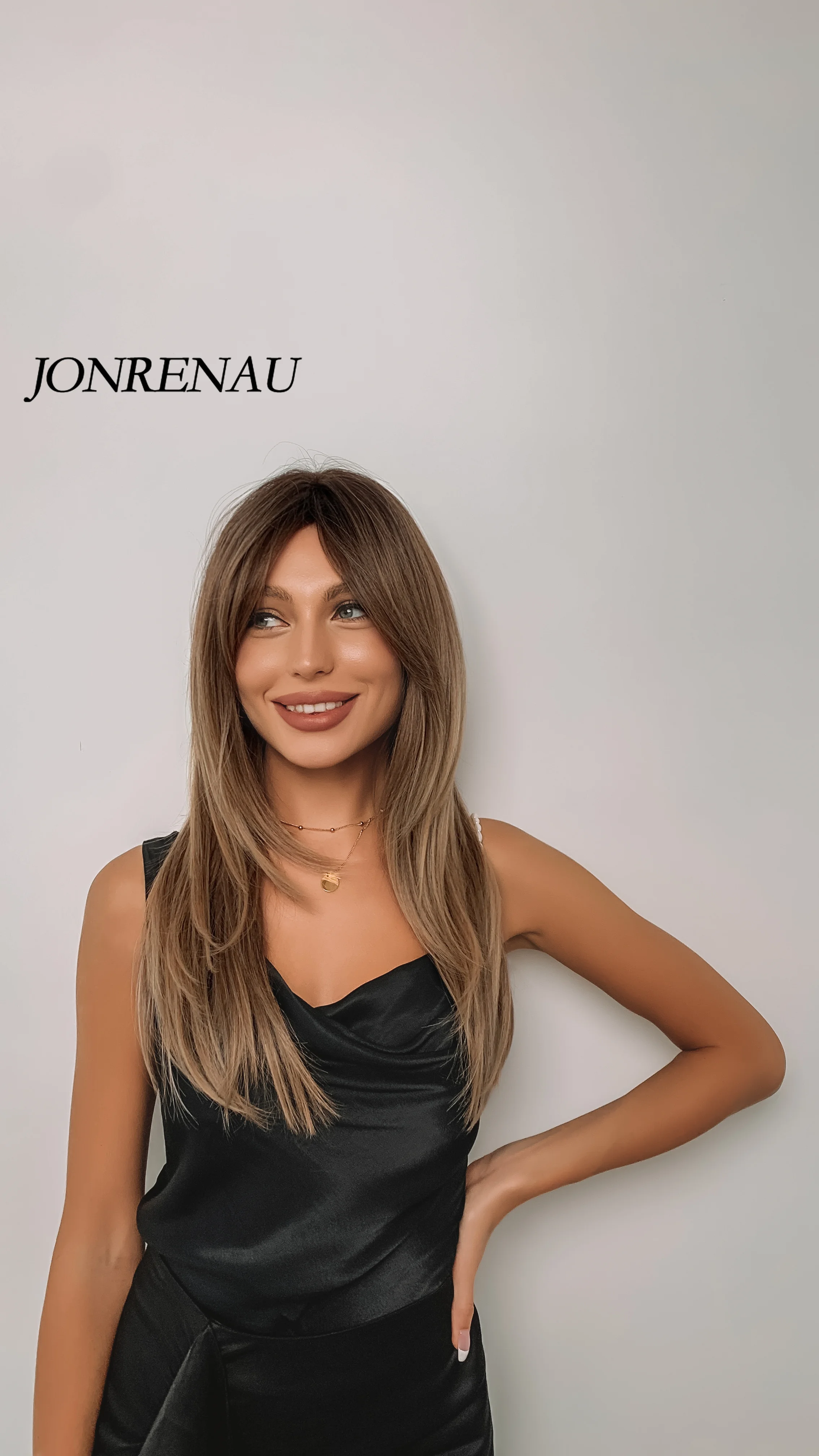 JONRENAU-Peluca de cabello largo y liso con flequillo para mujer, pelo sintético degradado, negro oscuro, marrón a rubio, para fiesta, uso diario,