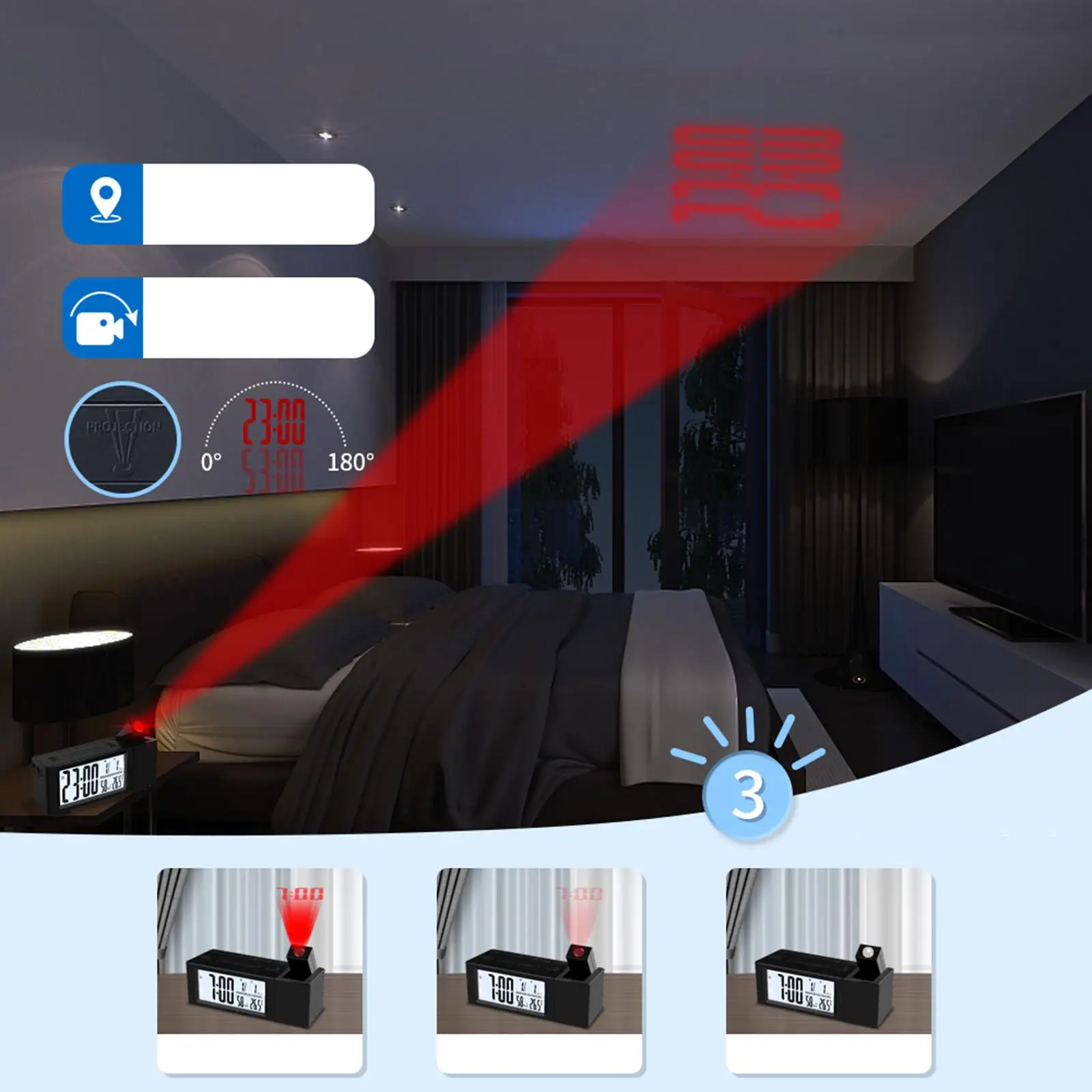 Projection Digital Alarm Clock for Bedroom, LED Display Clock Projection on Ceiling Wall, 180° Projector, for Heavy Sleeper