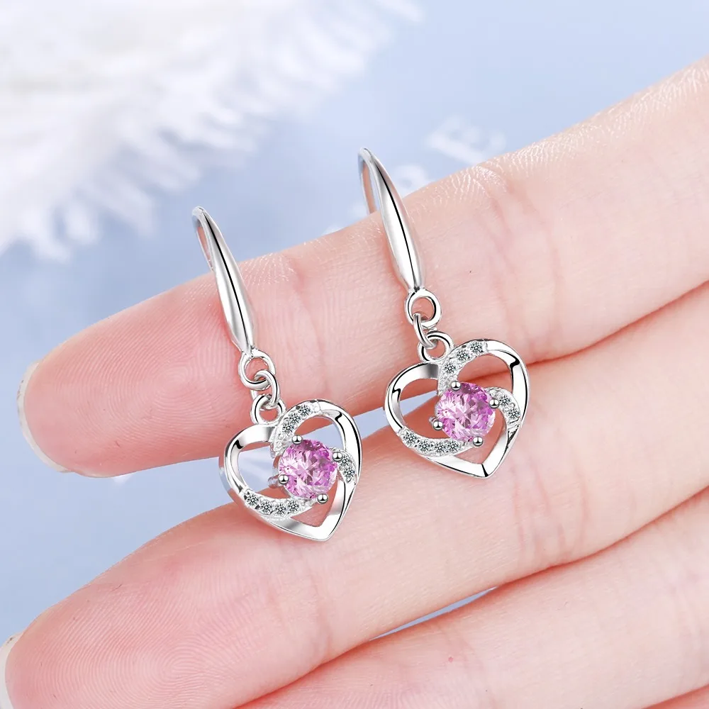 Mode Weibliche Ohrringe 925 Sterling Silber Liebe Herzförmige Rosa CZ Zirkon Ohrringe für Frauen Mädchen Pendientes Ohrringe