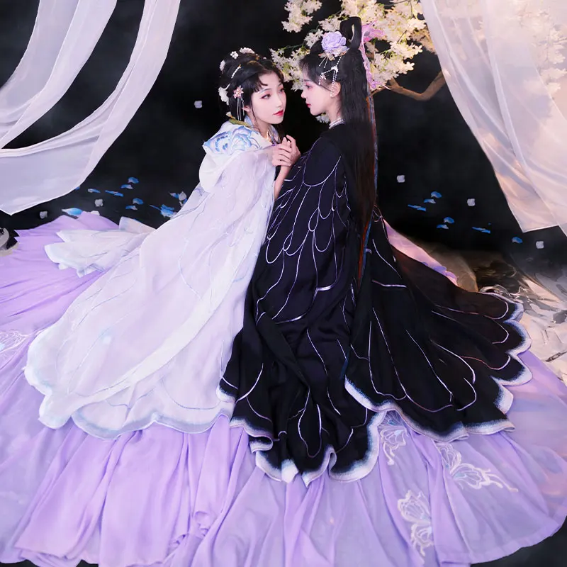 

Длинный женский плащ-ханфу с двойным слоем, вышитый, в стиле феи, с цветочным узором, фиолетово-белый, для весны и осени