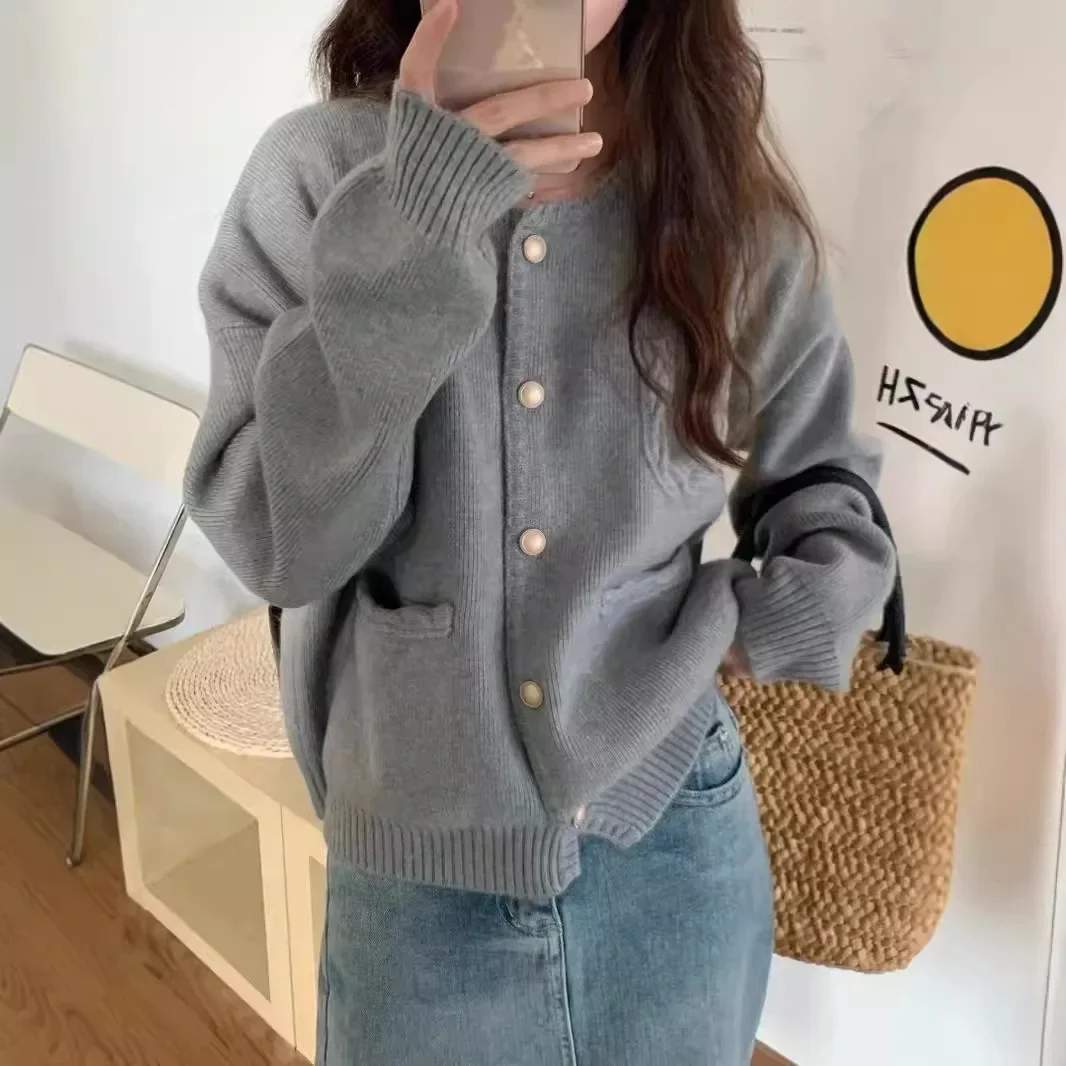 ZhenDianNew Round Neck SweaterJacket Women's Korean Style Petite High-End Feel Stylish Tweed Knit Fashion Winter Warm Thick