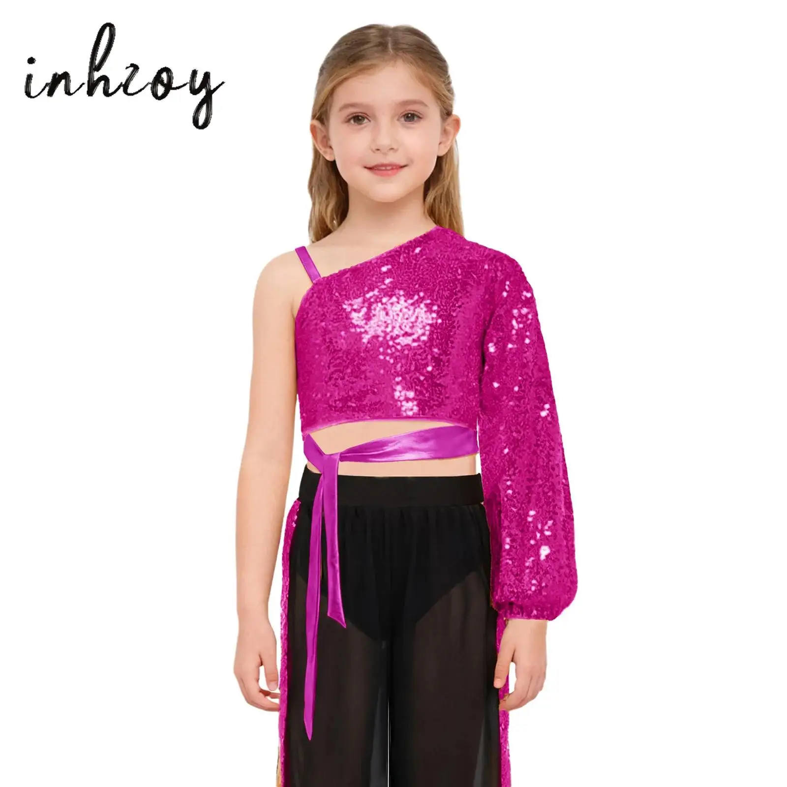 

Kids Girls Jazz Hip-hop Dance Top Shiny Sequins One Shoulder Long Sleeve Side Zipper Self-Tie Crop Top Lyrical Street Dancewear