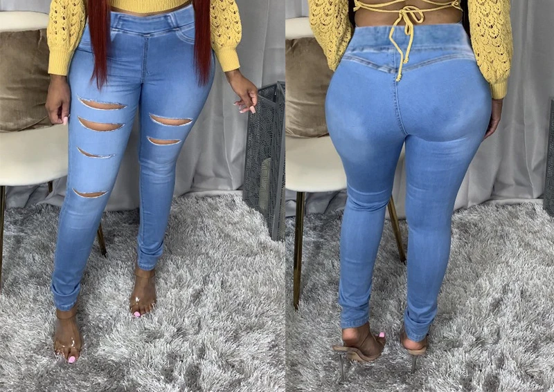 Fashion Casual Ripped Street Style Elastic Waist Denim Trousers Ladies Jeans Women's Clothing