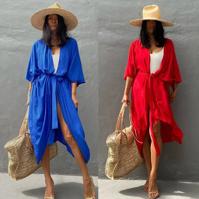 9 ألوان الصلبة كيمونو بيكيني Cover حزام مثير التفاف فستان الشاطئ ملابس الصيف النساء ملابس الشاطئ ملابس السباحة دعوى Cover
