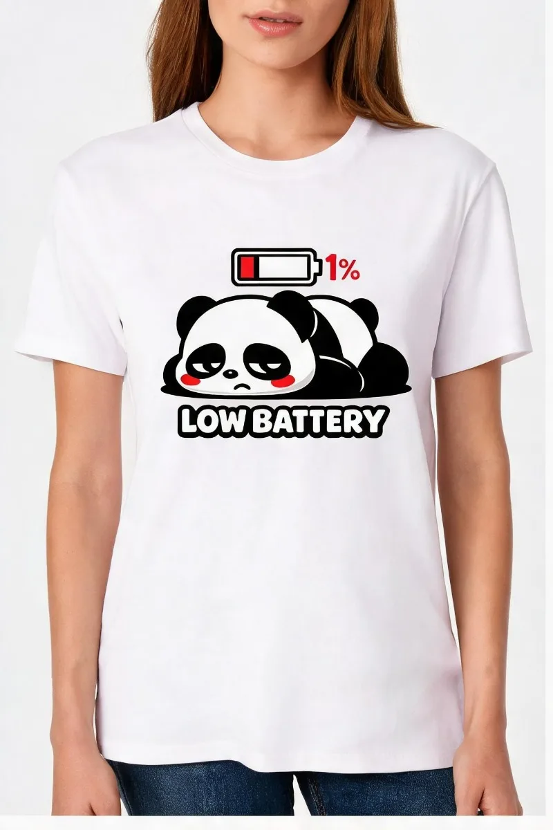 Women 100% Cotton Casual Top Sleepy Low Battery Panda Funny Meme Print Streetwear Casual Short Sleeve Top