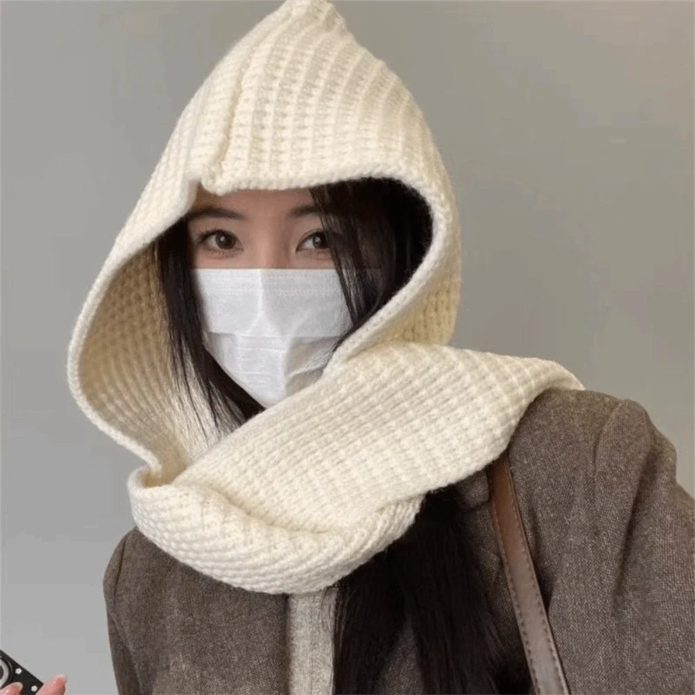 Acrylic Fibres Knitted Hooded Caps Soft Embossing Neck Collar Beanies Caps Ear Protection Korean Style Winter Neckerchief Hat