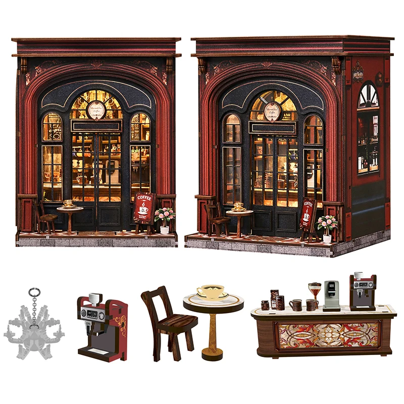 

DIY Warmglow Coffee Book Nook Wooden Miniature Model Kits Bookend 3D Puzzle with Light Bookshelf for Friends Birthday Gifts