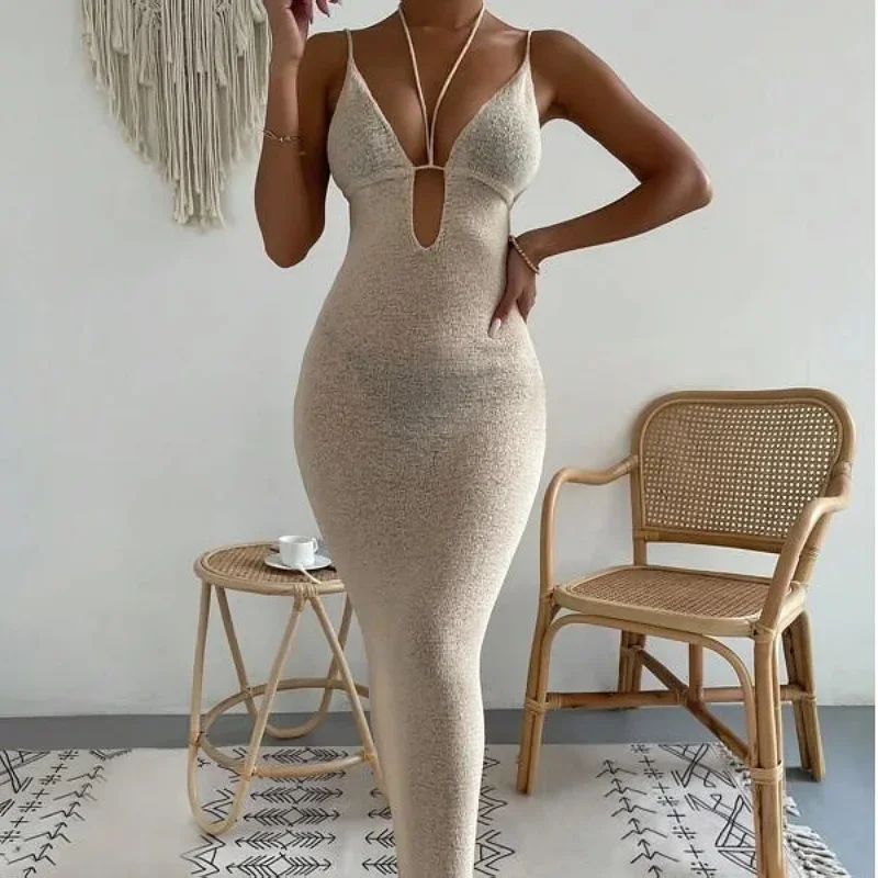 

Metal Ring Link Party Dresses Women Chic Hollow Out Sleeveless Backless Sling Knit Summer Dress 2024 New Ladies Party Robes