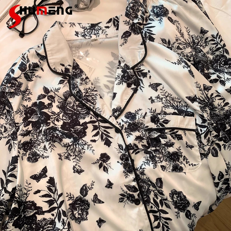 

High End Ink Painting Ice Silk Pajamas for Women Spring Autumn Sweet Home Wear Female Street Wear Long Sleeve Pants Set