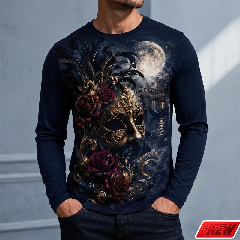 Long Sleeve T Shirt Men Vintage Mask Dark Rose 3d Print Feather Moonlight Graphic Tee Festival Party Streetwear Casual Goth Tops