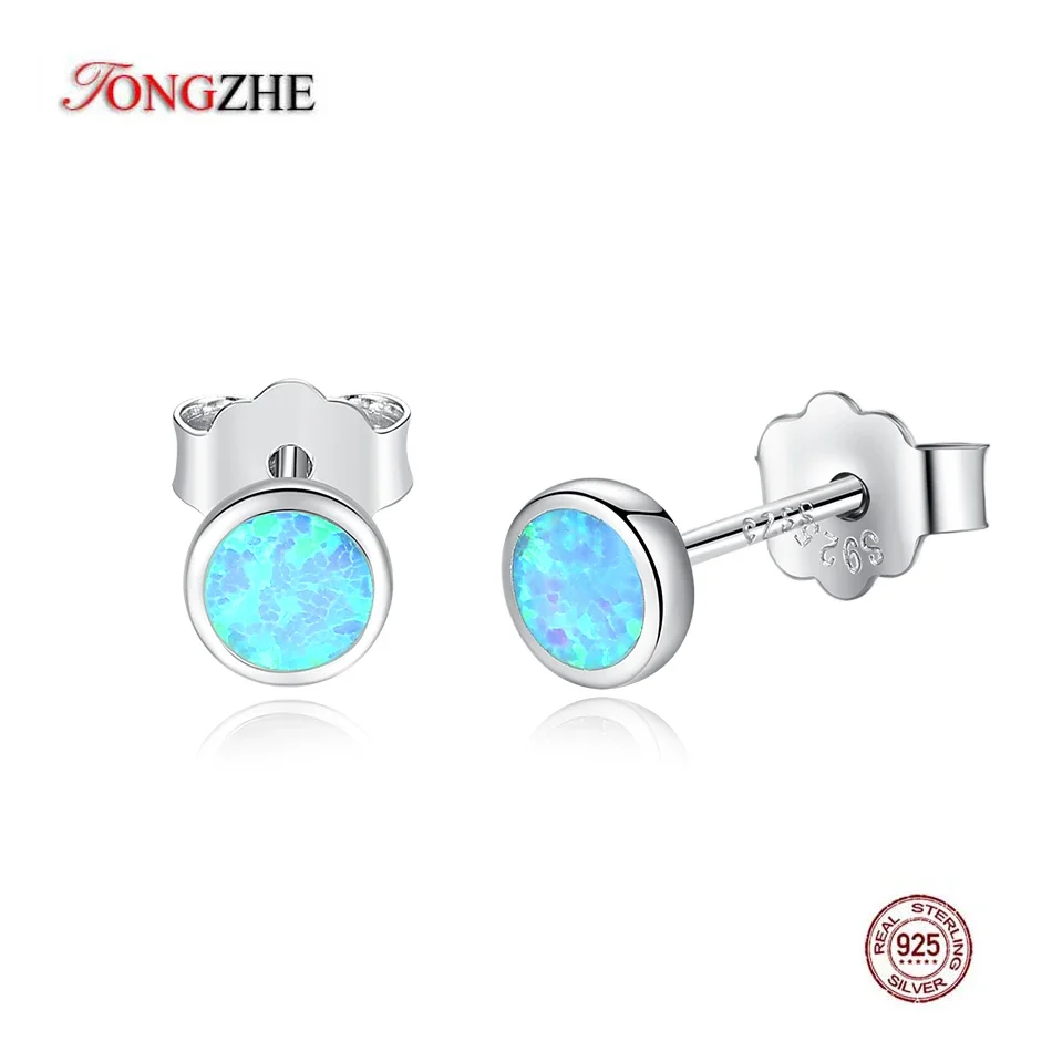 TONGZHE Luxury Tiny Blue Synthetic Opal Stud Earrings for Women 925 Sterling Silver Statement Earrings Fashion Jewelry Boho