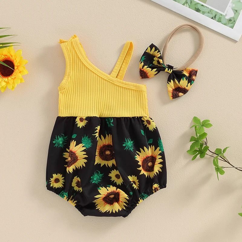 Baby Girl 2 Piece Summer Clothes Sets Sunflower Print Sleeveless Frill Trim Ribbed Romper + 3D Bow Headband Newborn Outfits